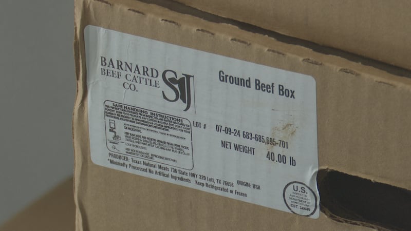 Box of ground beef from Barnard Beef Cattle Company stored in a Mcgregor ISD freezer