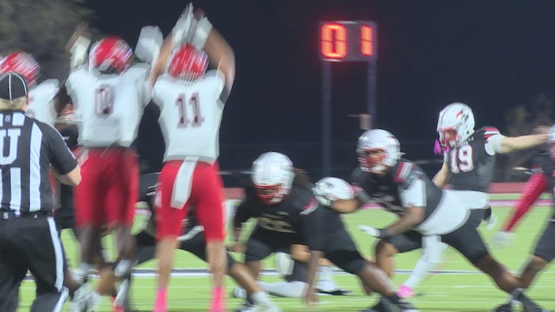 Harker Heights kicker Oakley Goins nails a 52-yard field goal against Cedar Hill.