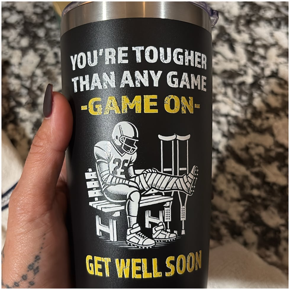 This cup with an encouraging message was included in a care package sent to Trevor.