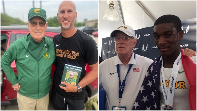 Coach Clyde Hart with Olympic Gold Medalist Jeremy Wariner (left) and with Waco High Graduate...