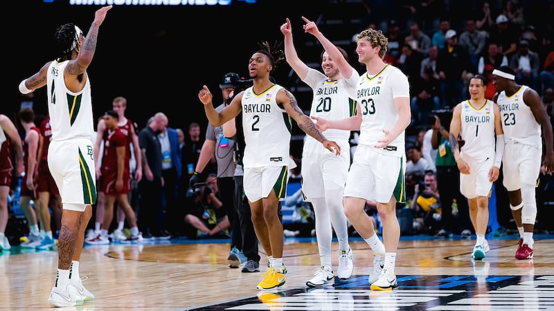 Baylor celebrates in final minutes against Colgate in round one of 2024 NCAA Tournament.