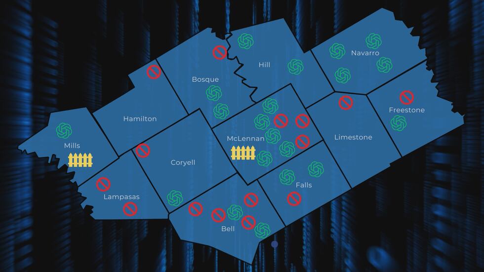 Map showing location of school districts in Central Texas that are either blocking or not the...