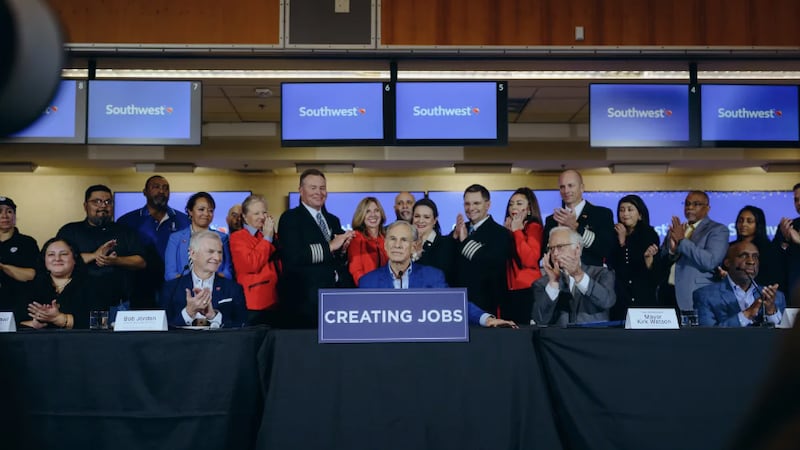 Texas Gov. Greg Abbott, Austin Mayor Kirk Watson, Southwest Airlines CEO Bob Jordan, Austin...