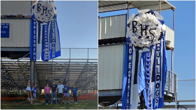 Bosqueville High School students constructed a giant mum 16 feet long, 6 feet wide and...