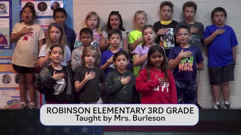 Today's pledge is brought to you by Mrs. Burleson's class from Robinson Elementary.