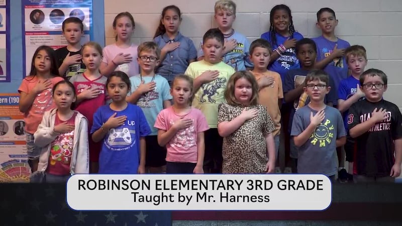 Today's pledge is brought to you by Mr. Harness' class from Robinson Elementary.