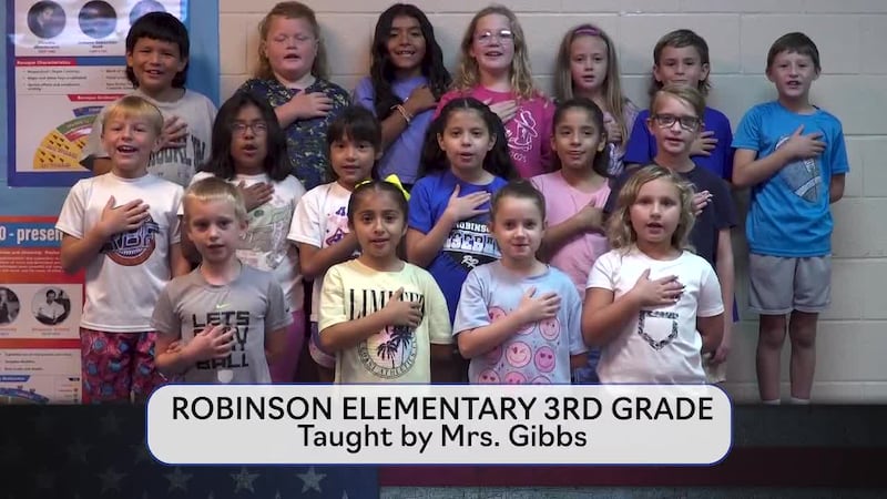 Today's pledge is brought to you by Mrs. Gibbs' class from Robinson Elementary.