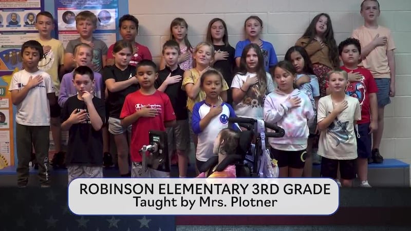 Today's pledge is brought to you by Mrs. Plotner's class from Robinson Elementary.